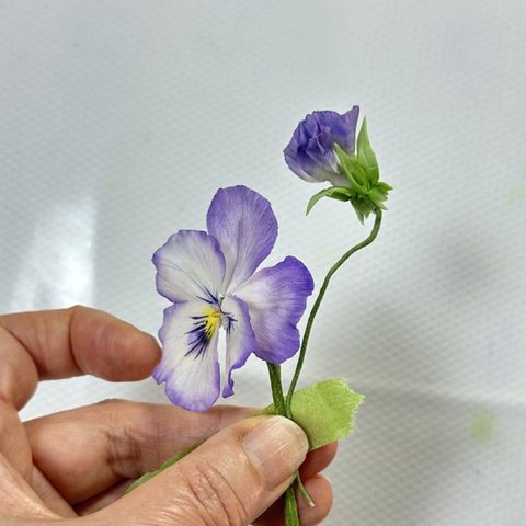 組み上げたお砂糖のパンジーを指で持つ